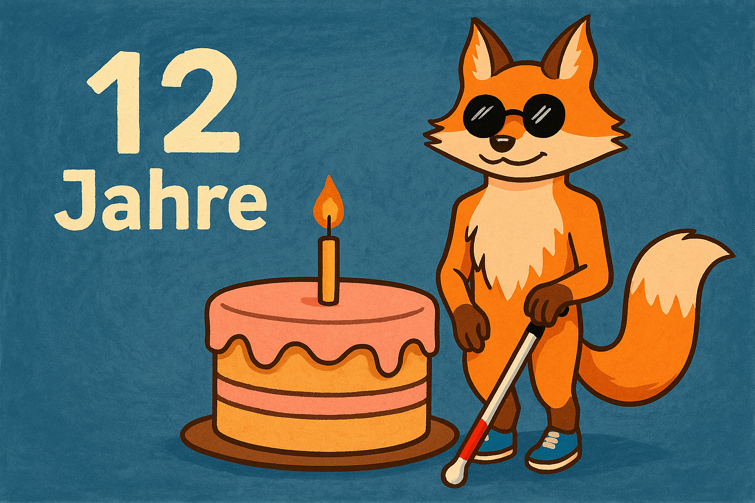 Das Blindfuchs Maskotchen feiert mit einer Torte den 12. Geburtstag